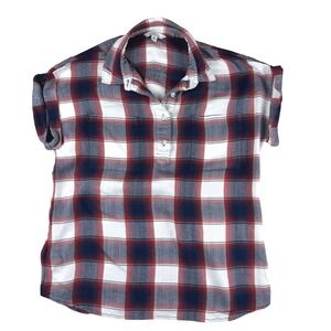 LLBean Signature Womens M Plaid Shirt Short Sleeve Collared Red Navy White